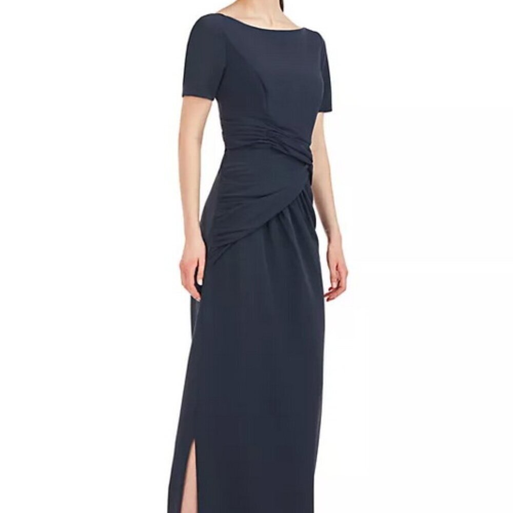 Kay Unger Carbon Blue Garbo Gathered Column Gown